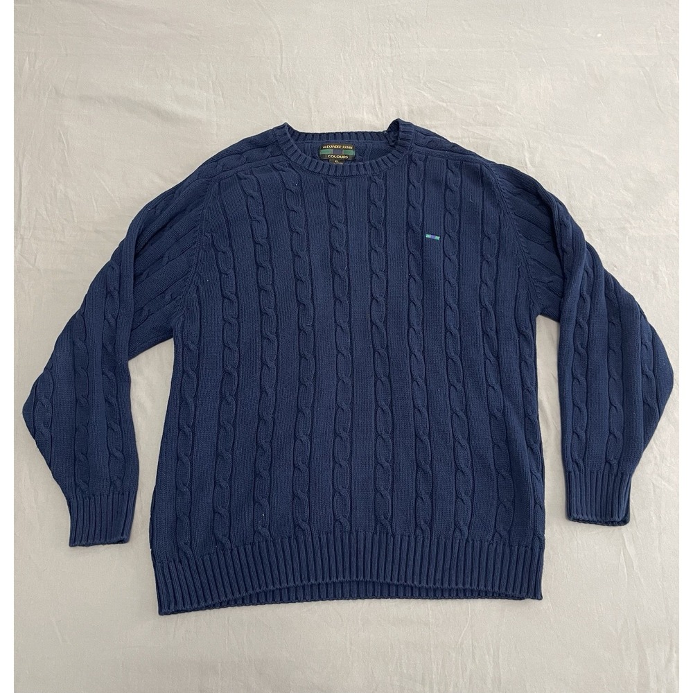 Alexander Julian Colours Mens Navy Blue Cable Knit Cotton Sweater XL Pullover